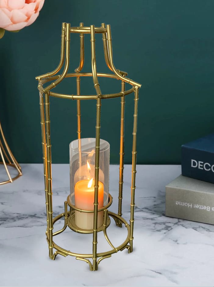 Gold Metal Frame and Glass Candle Holder Lantern by Decozen
