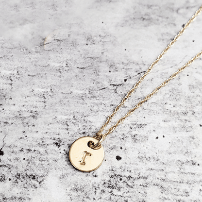 14k Gold Dainty Initial Disc Necklace by Salt and Sparkle