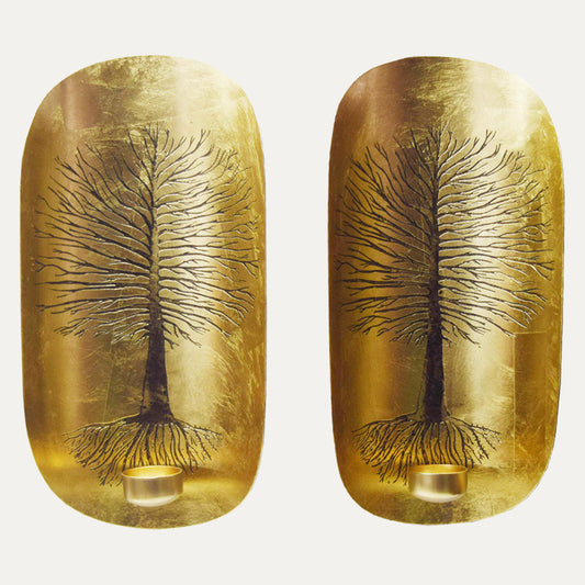 Gold Wall Candle Sconces with Tree of Life Design - Set of 2 by Decozen