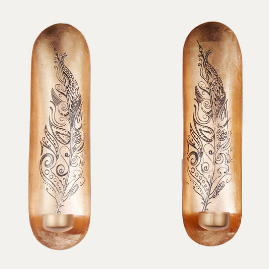 Copper and Gold Wall Candle Sconces with Feather Design by Decozen