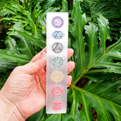 7 Chakras Color Laser Engraved Selenite Bar by Whyte Quartz