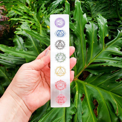 7 Chakras Color Laser Engraved Selenite Bar by Whyte Quartz