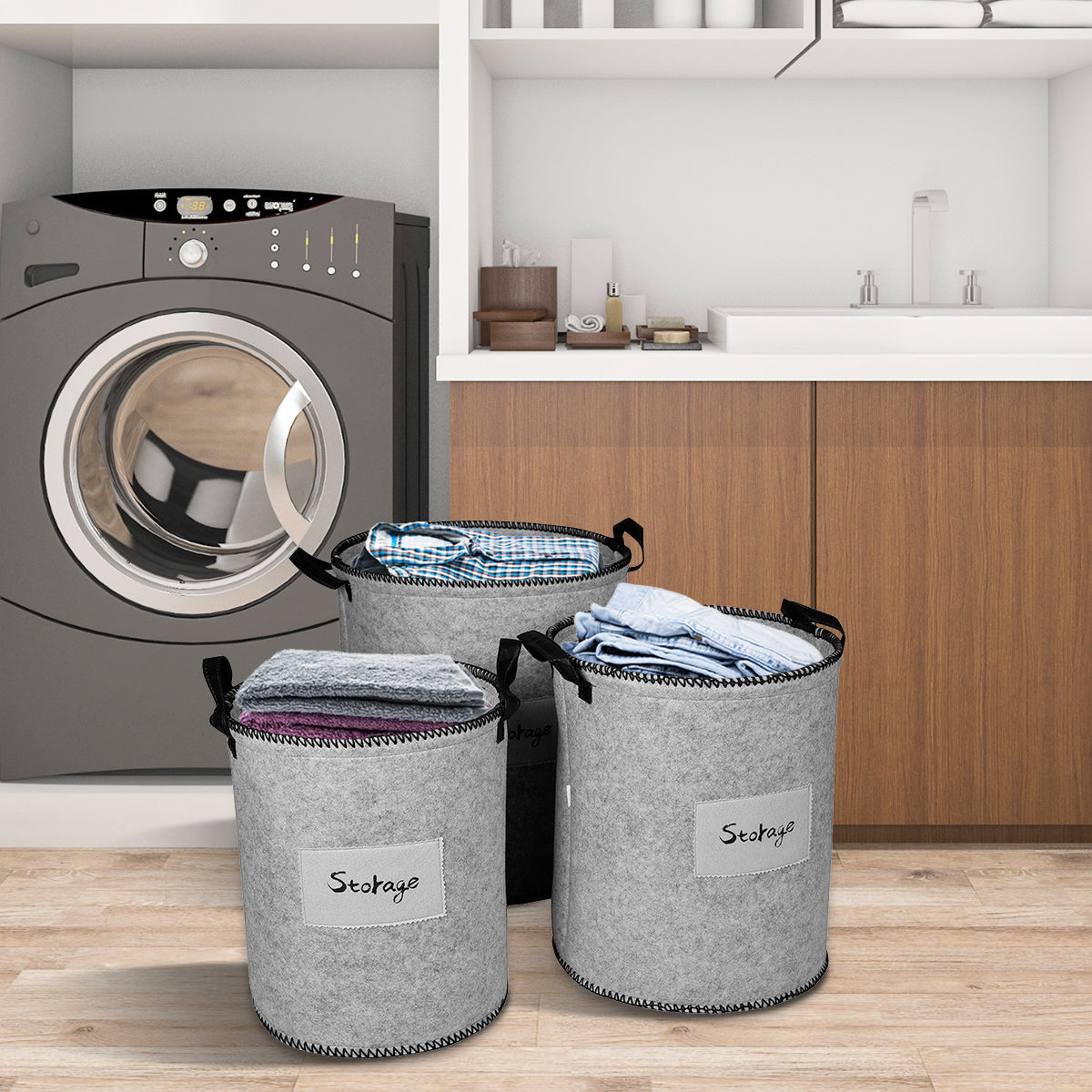 Felt Gray Laundry Hamper and Storage Bin - Set of 3 by Decozen