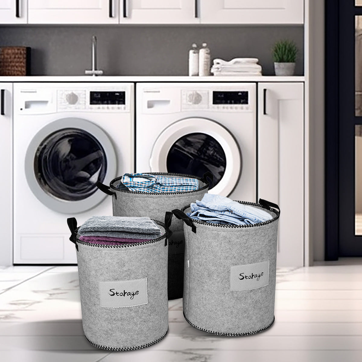 Felt Gray Laundry Hamper and Storage Bin - Set of 3 by Decozen