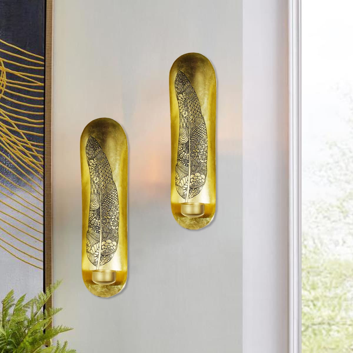 Copper and Gold Wall Candle Sconces with Feather Design by Decozen