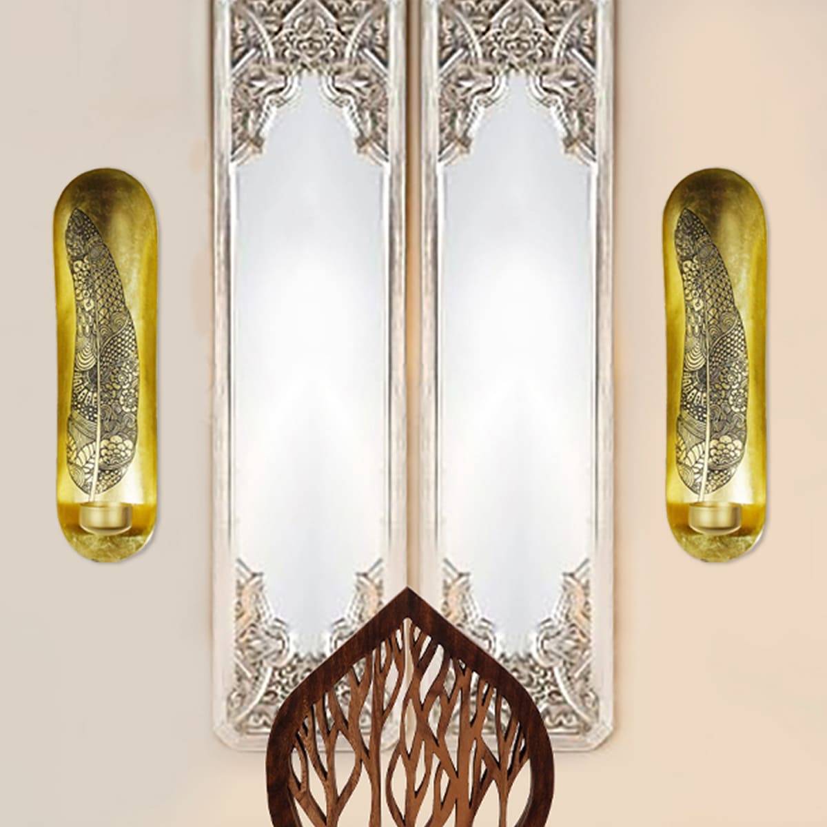 Gold Wall Candle Sconces with Feather Design - Set of 2 by Decozen