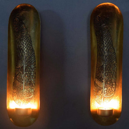 Gold Wall Candle Sconces with Feather Design - Set of 2 by Decozen