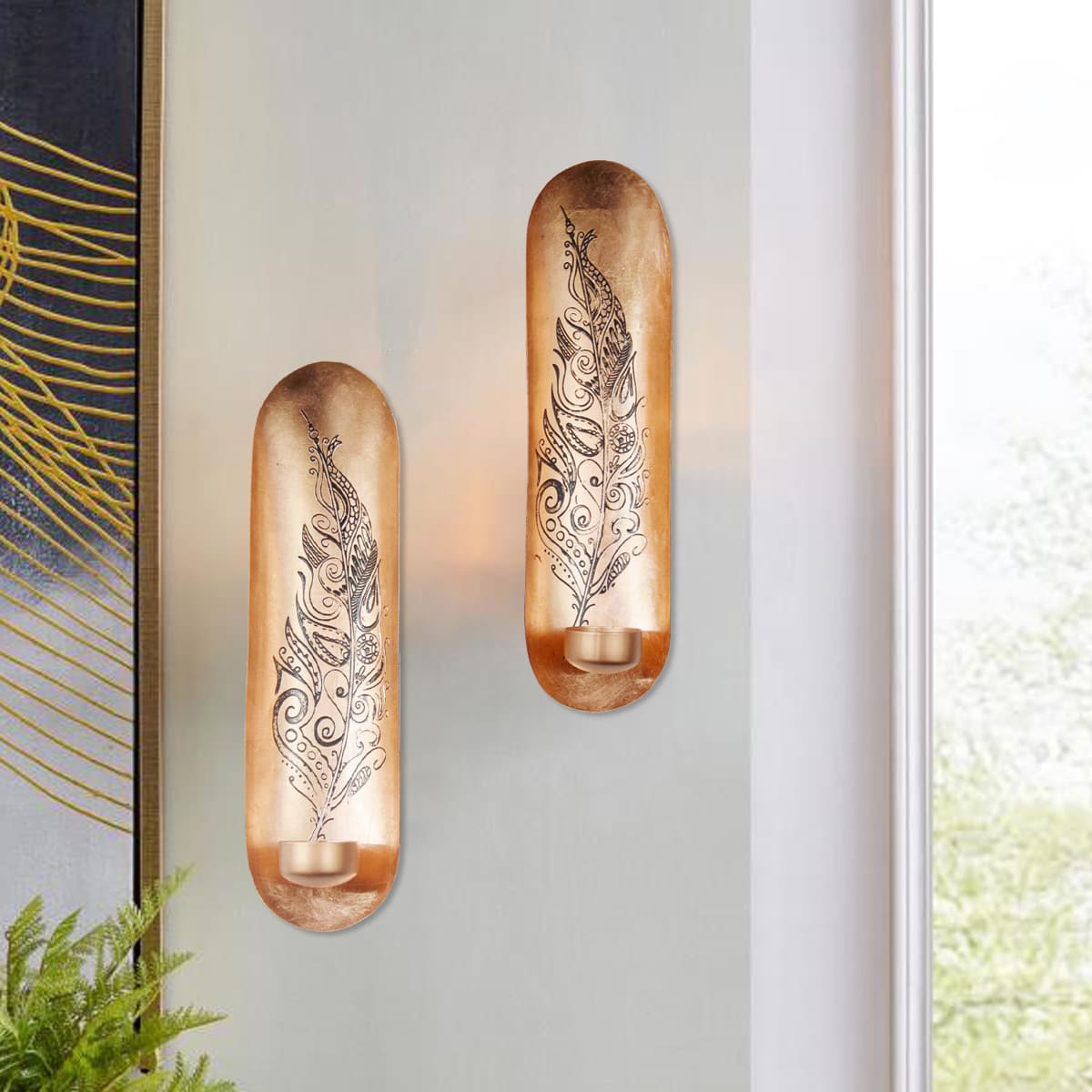 Copper and Gold Wall Candle Sconces with Feather Design by Decozen