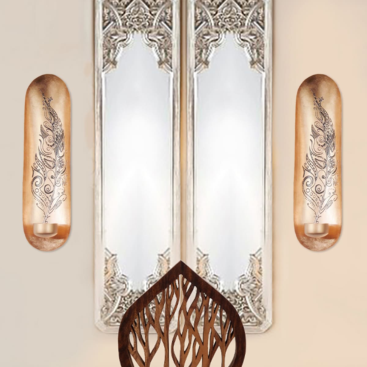 Copper and Gold Wall Candle Sconces with Feather Design by Decozen