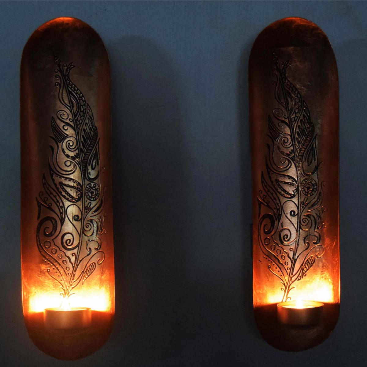 Copper and Gold Wall Candle Sconces with Feather Design by Decozen