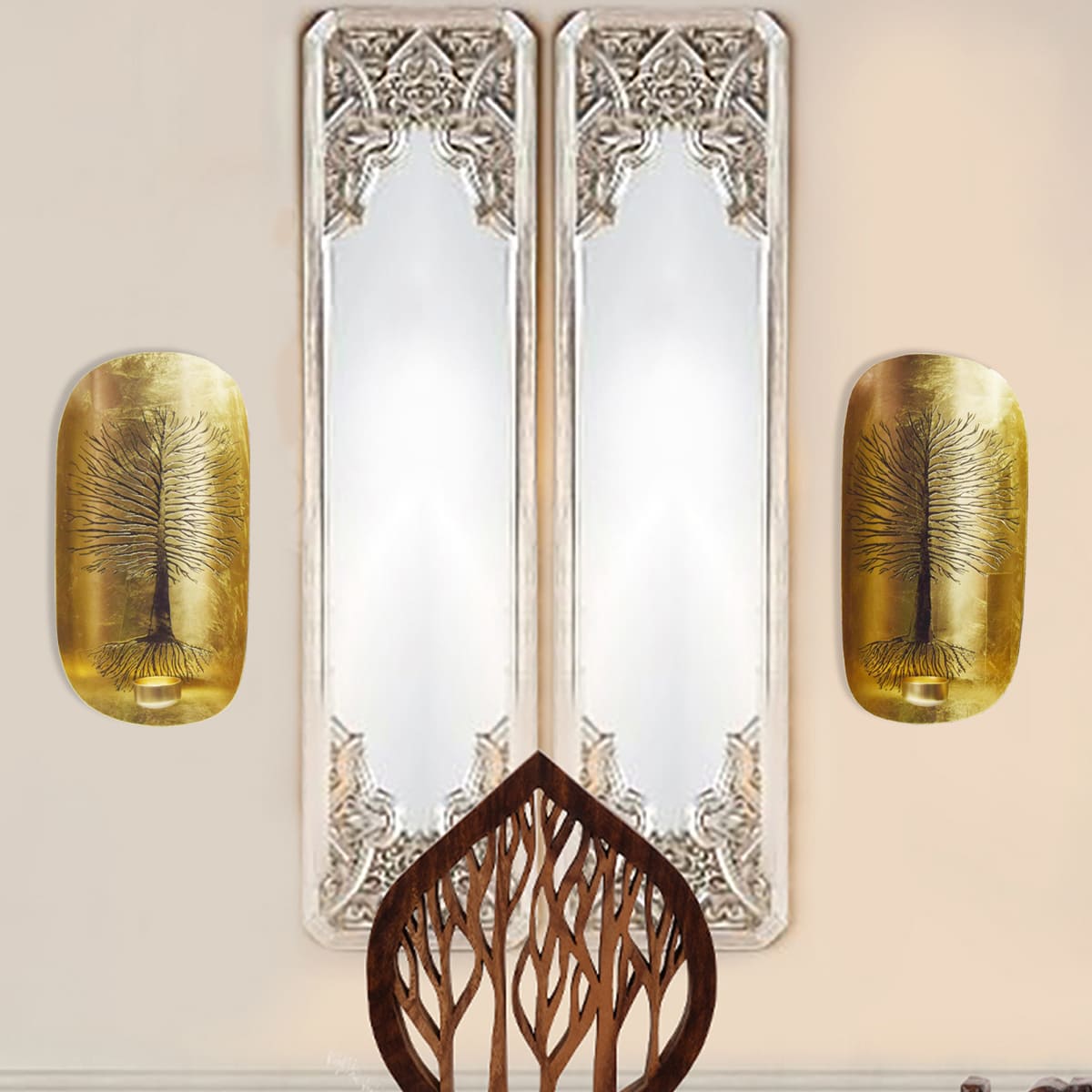 Copper and Gold Wall Candle Sconces with Tree of Life Design by Decozen