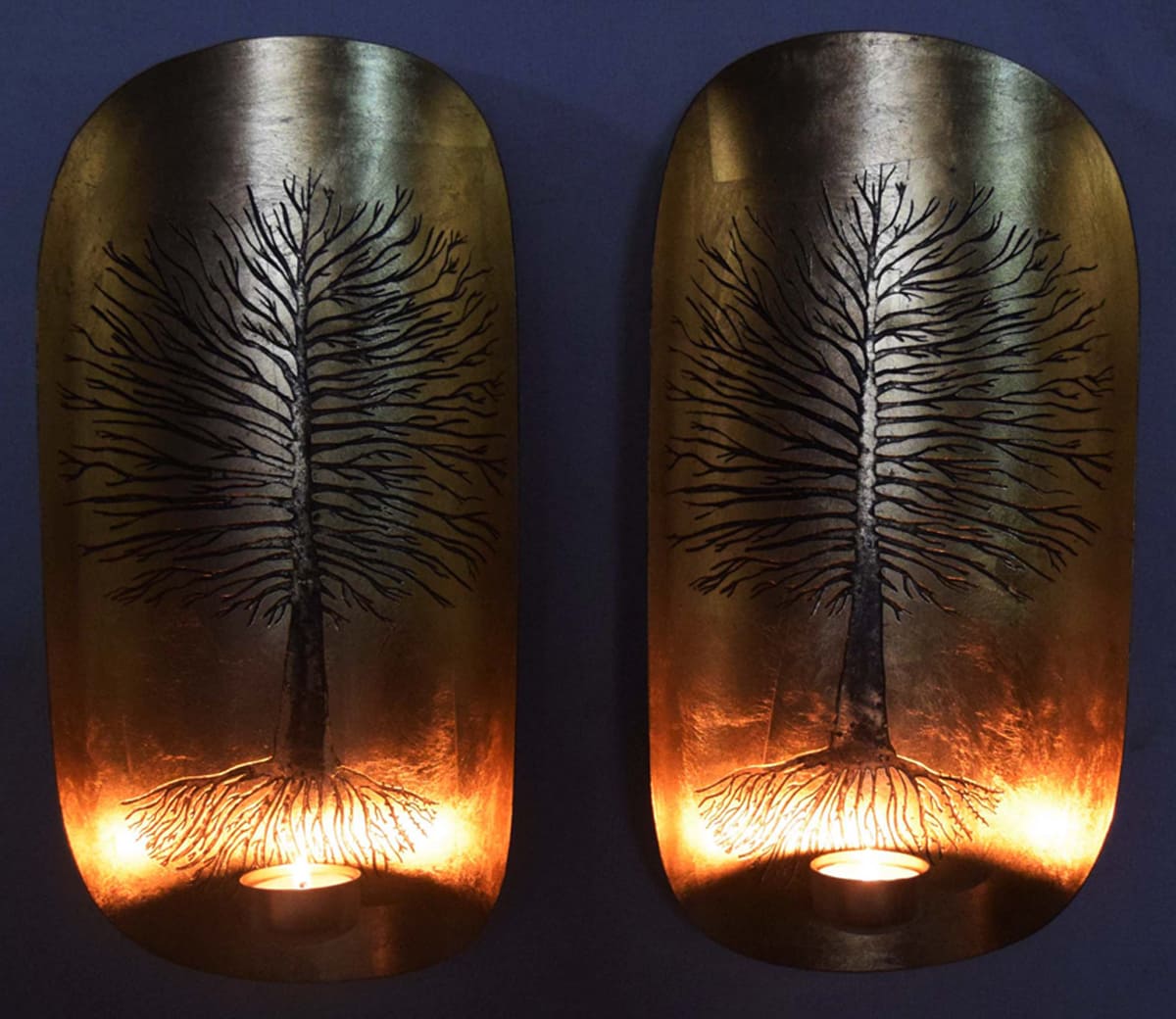 Copper and Gold Wall Candle Sconces with Tree of Life Design by Decozen