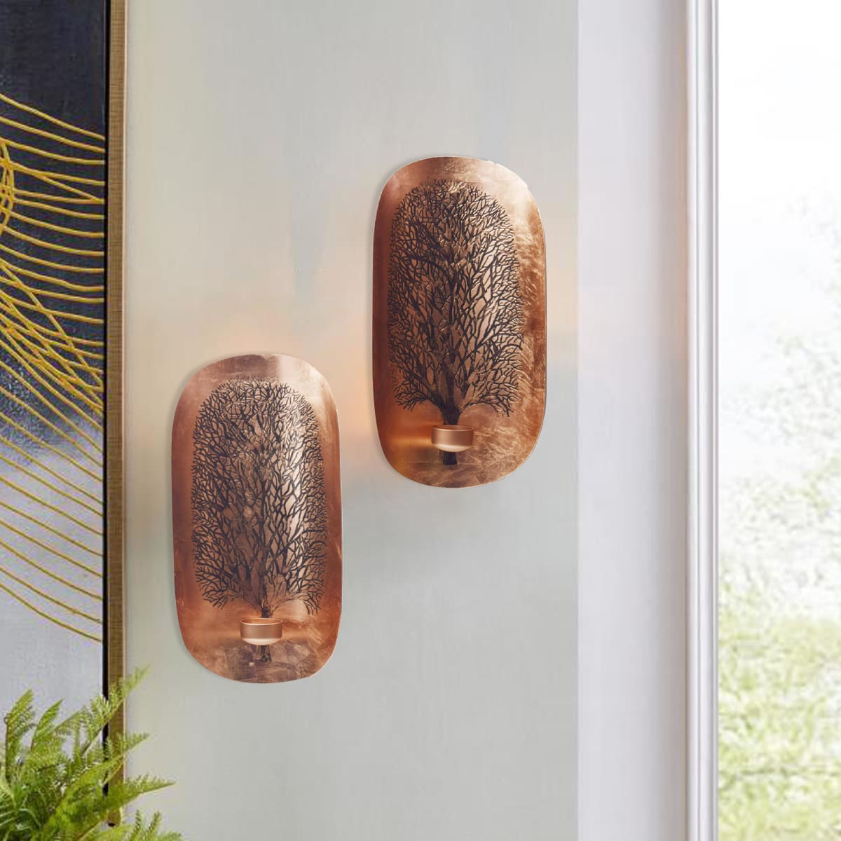 Copper and Gold Wall Candle Sconces with Tree of Life Design by Decozen