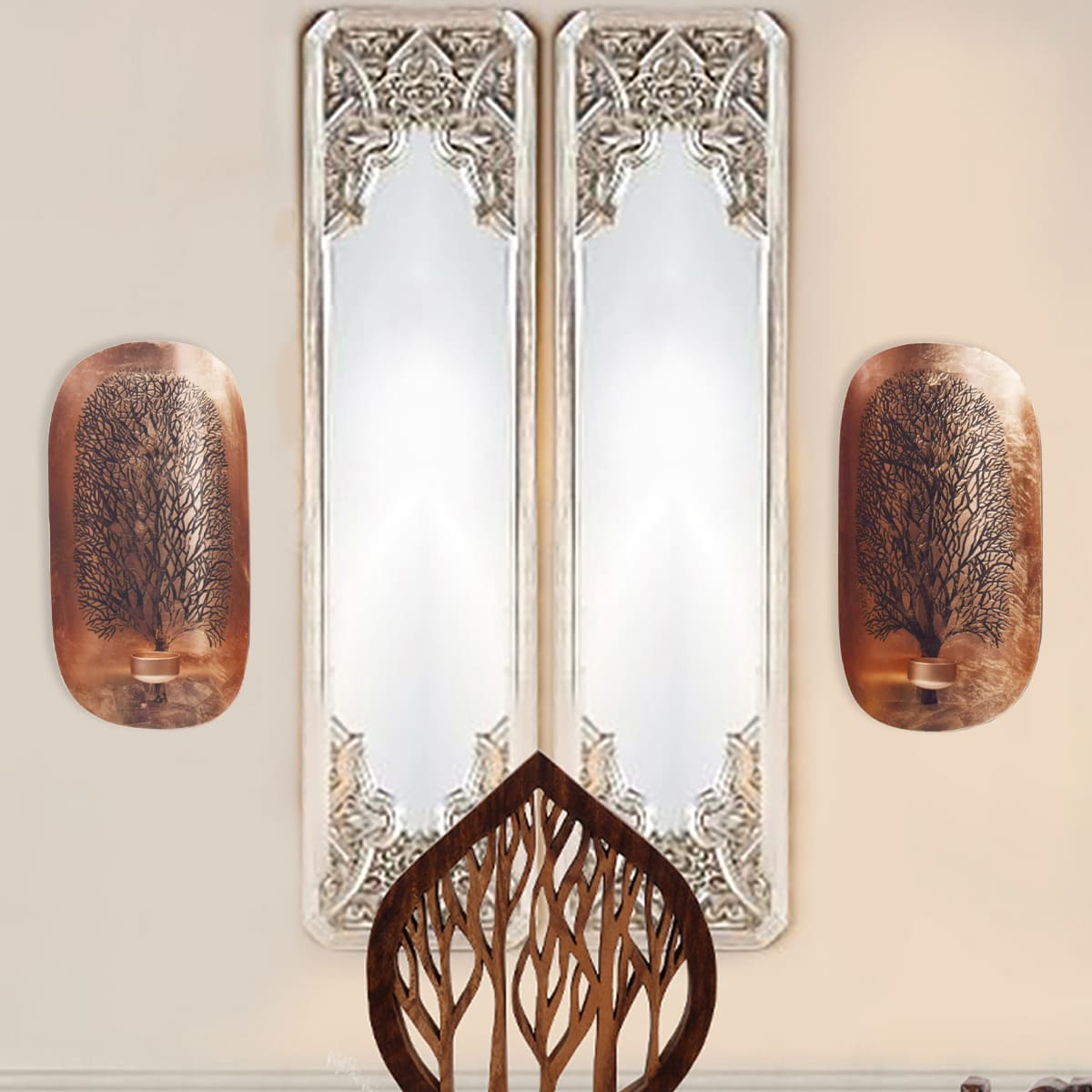 Copper and Gold Wall Candle Sconces with Tree of Life Design by Decozen