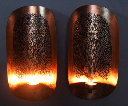 Copper and Gold Wall Candle Sconces with Tree of Life Design by Decozen