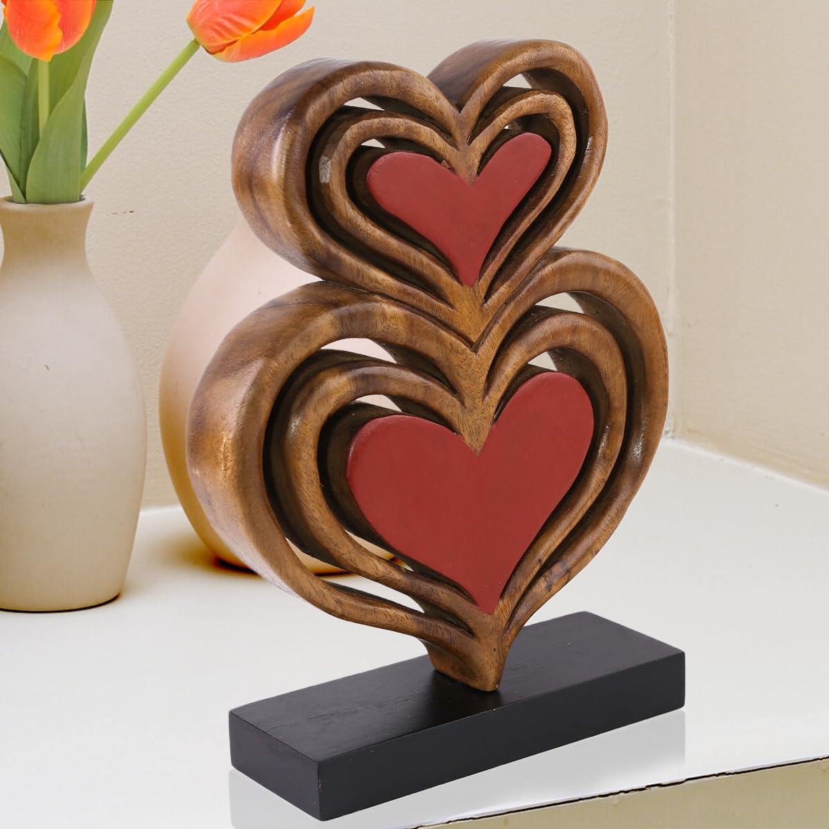 Twin Hearts Handmade Wooden Sculpture by Decozen