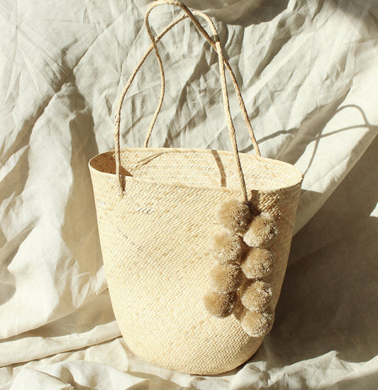 Borneo Serena Straw Tote Bag with Nude Beige Pom-poms by BrunnaCo