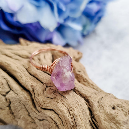 Amethyst Wire Wrapped Raw Crystal Ring by Salt and Sparkle