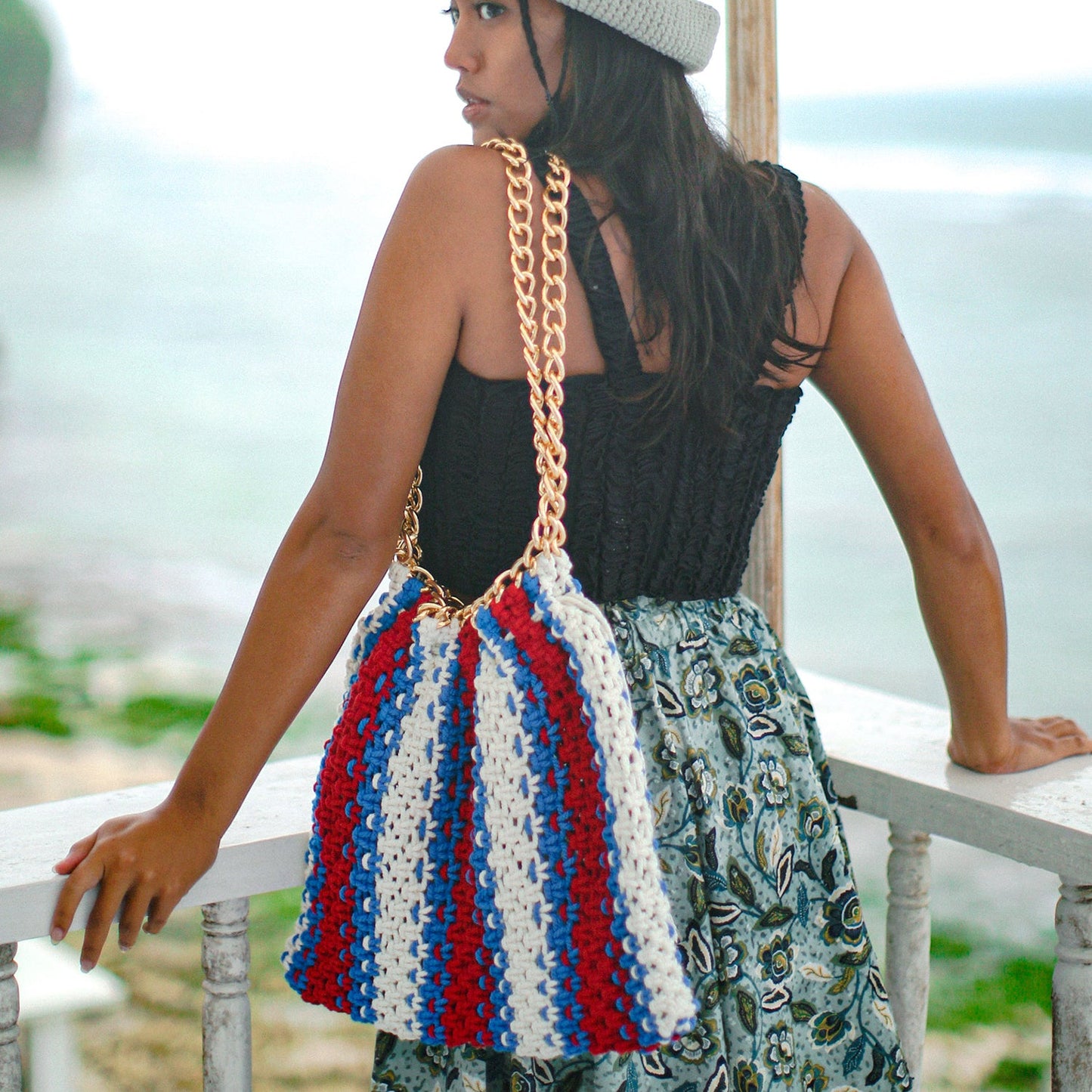 COLETTE Macrame Beach Bag In Red, White & Blue by BrunnaCo