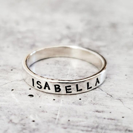 Custom Skinny Silver Name Ring by Salt and Sparkle