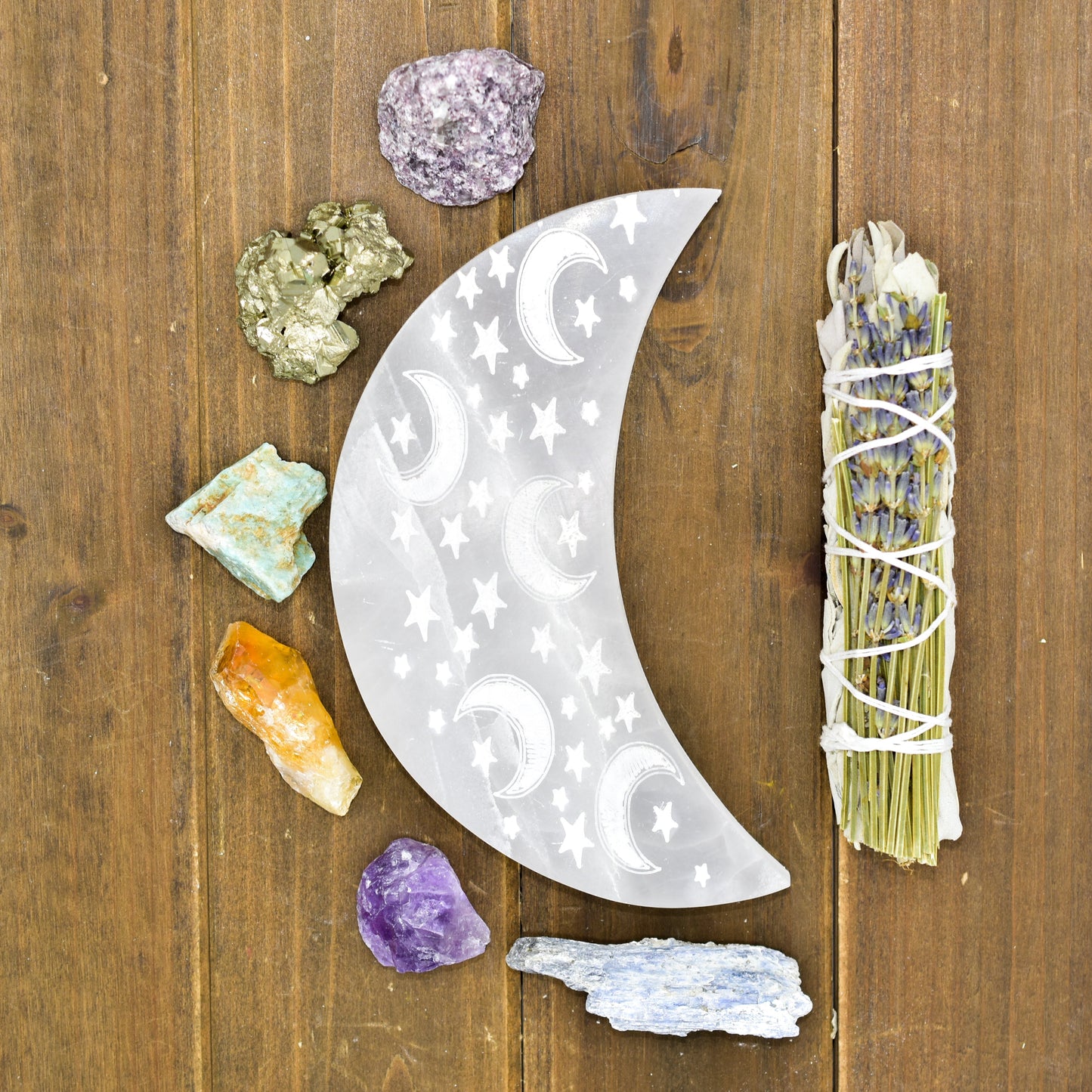 Celestial Engraved Crescent Moon Selenite Plate by Whyte Quartz