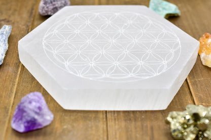 Flower of Life Laser Engraved Selenite Plates by Whyte Quartz