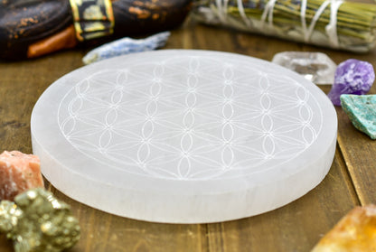 Flower of Life Laser Engraved Selenite Plates by Whyte Quartz