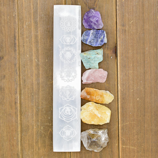 7 Chakra Engraved Selenite Polished Charging Bar by Whyte Quartz