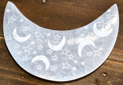 Celestial Engraved Crescent Moon Selenite Plate by Whyte Quartz