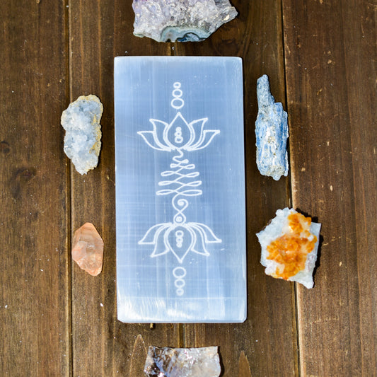 Lotus Flower & Unalome Selenite Large Plates by Whyte Quartz