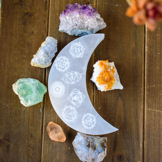 7 Chakras Engraved Crescent Moon Selenite Plate by Whyte Quartz