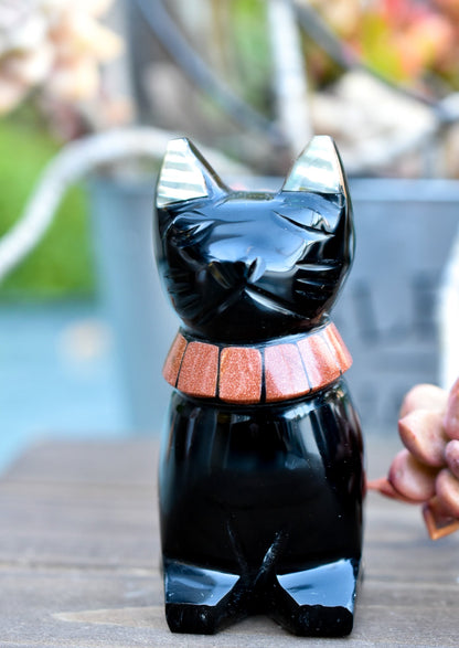 Black Obsidian Cats with Stone Collar by Whyte Quartz