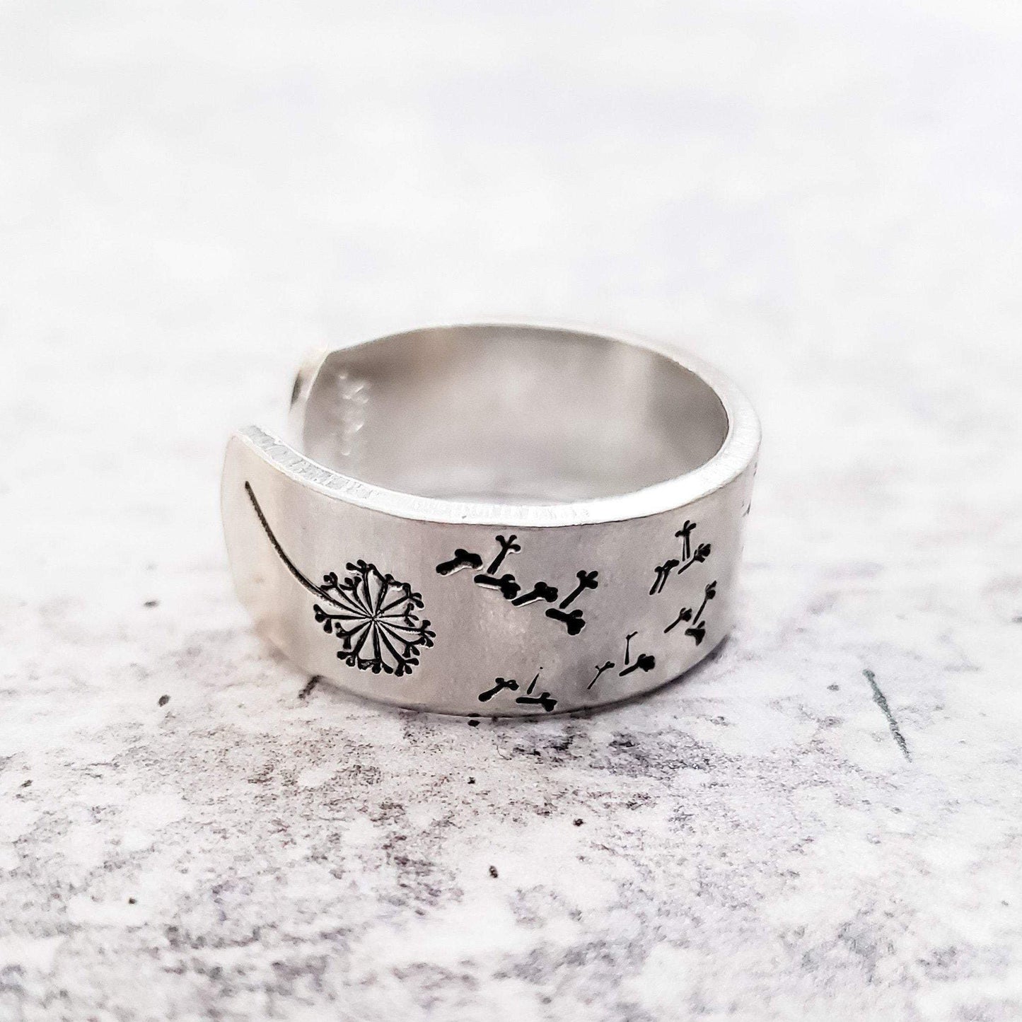 Dandelion Wide Band Silver Ring by Salt and Sparkle