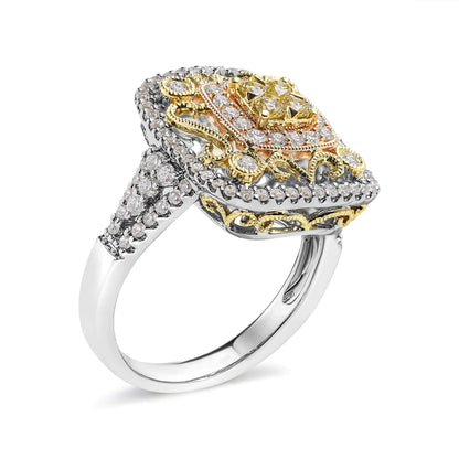 14K Tri-Toned Gold 1.00 Cttw Yellow Diamond Halo and Milgrain Cocktail Cluster Ring (Yellow/G-H Color, SI1-SI2 Clarity) - Ring Size 7