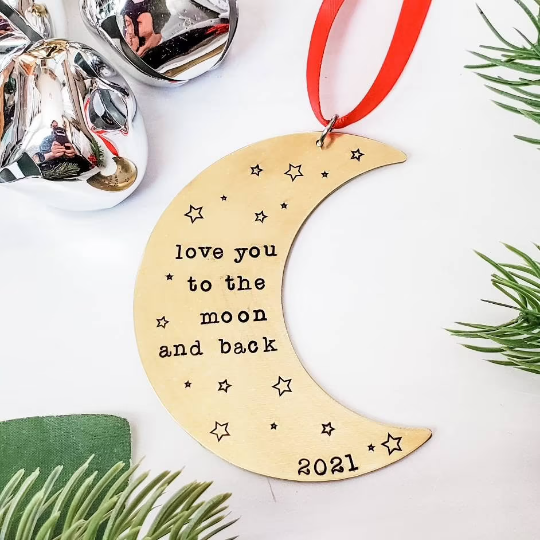 LOVE YOU TO THE MOON AND BACK Brass Moon Ornament by Salt and Sparkle