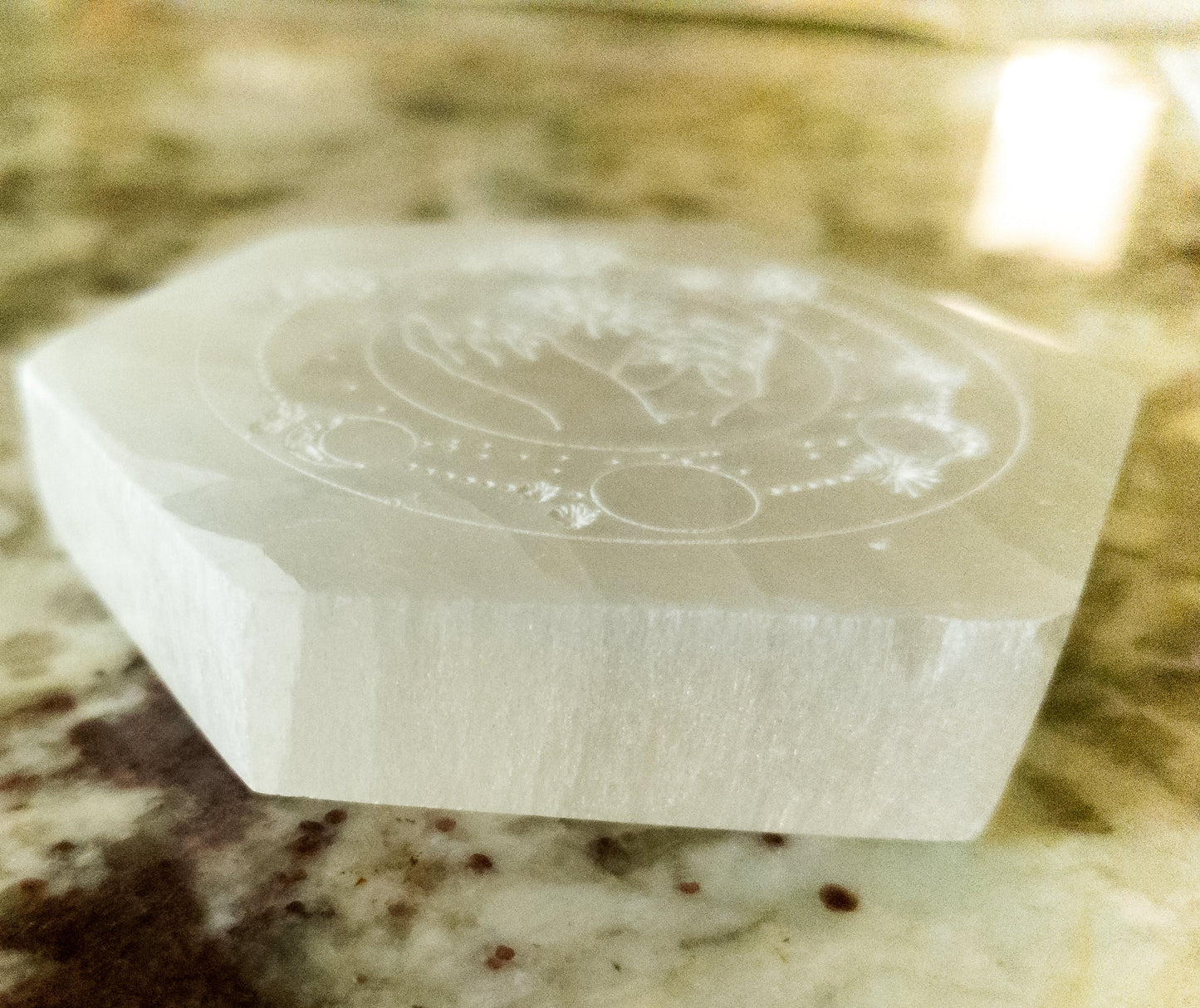 NEW Celestial Engraved Selenite Hexagon Plate by Whyte Quartz