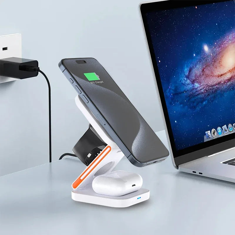 Foldable 3-in-1 Charging Station: 30W Fast Magnetic Wireless Charger Stand for iPhone 15/14/13/12, Apple Watch 8/7/6, AirPods Pro