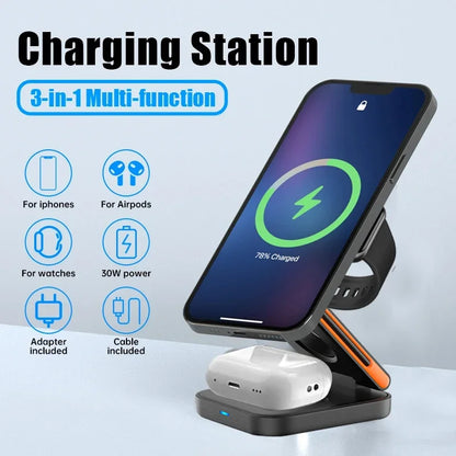 Foldable 3-in-1 Charging Station: 30W Fast Magnetic Wireless Charger Stand for iPhone 15/14/13/12, Apple Watch 8/7/6, AirPods Pro