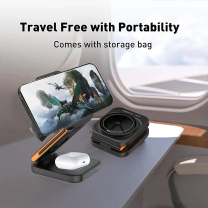 Foldable 3-in-1 Charging Station: 30W Fast Magnetic Wireless Charger Stand for iPhone 15/14/13/12, Apple Watch 8/7/6, AirPods Pro