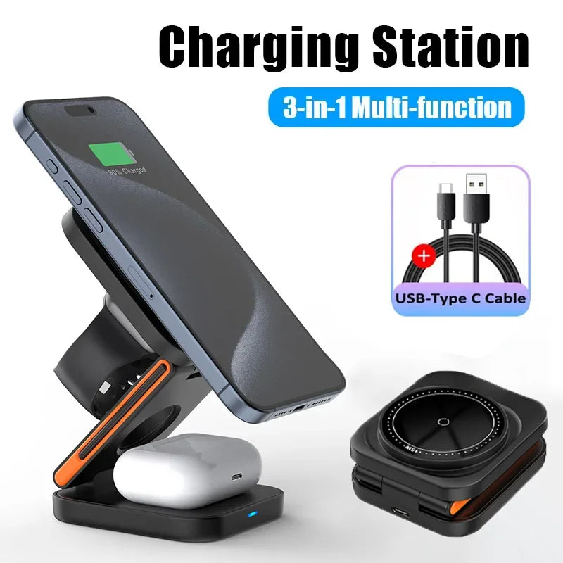 Foldable 3-in-1 Charging Station: 30W Fast Magnetic Wireless Charger Stand for iPhone 15/14/13/12, Apple Watch 8/7/6, AirPods Pro