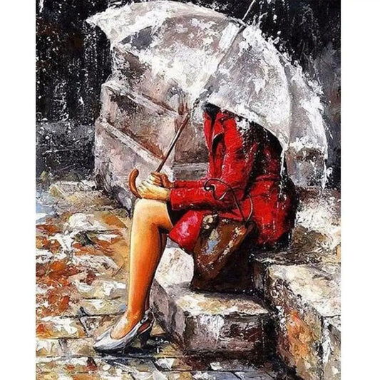 A Woman Alone In The Rain In Red by Paint with Number