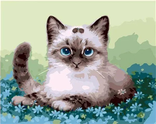 Blue Flowers With Cat by Paint with Number