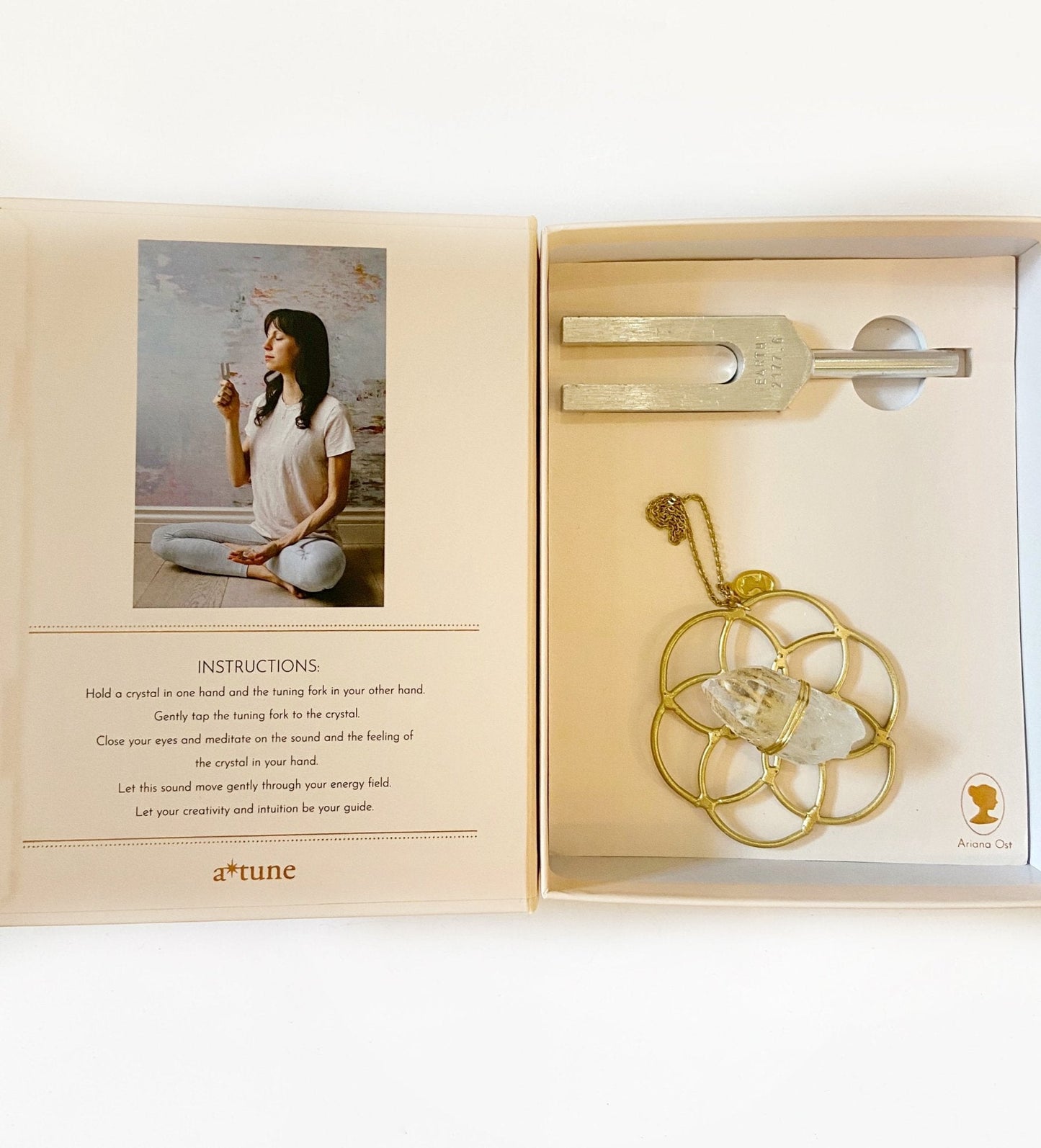 Sound Healing Crystal Kit - Earth Tuning Fork and Super Mini Flower of Life Clear Quartz Crystal Grid Set by Ariana Ost